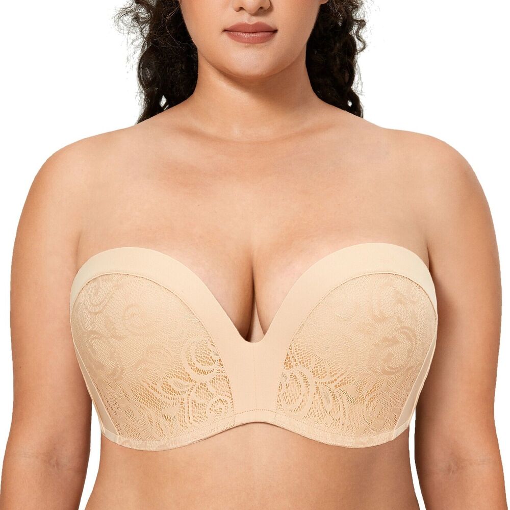 Delimira Beige Slightly Lined Lift Lace Strapless Underwire Push Up Size 38F